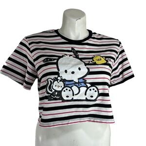 Pochacco Sanrio T-Shirt XL Cropped Stripe Graphic Tee Short Sleeve Ringer